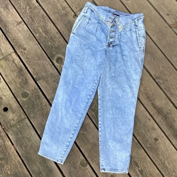 Jeans EXPRESS Retro SUPER HIGH WAIST TAPERED LEG Acid Wash Blue Vintage Size 10 - Picture 1 of 11